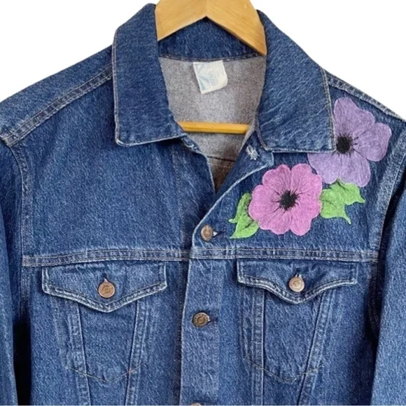 Y2K Vintage  Denim Trucker Jacket S Blue Hand Painted USA - Picture 4 of 10